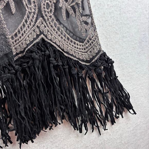 Origami Vivien Kimono Womens OS Embroidered Lace Sheer Boho Gypsy Leather Fringe - Picture 13 of 16